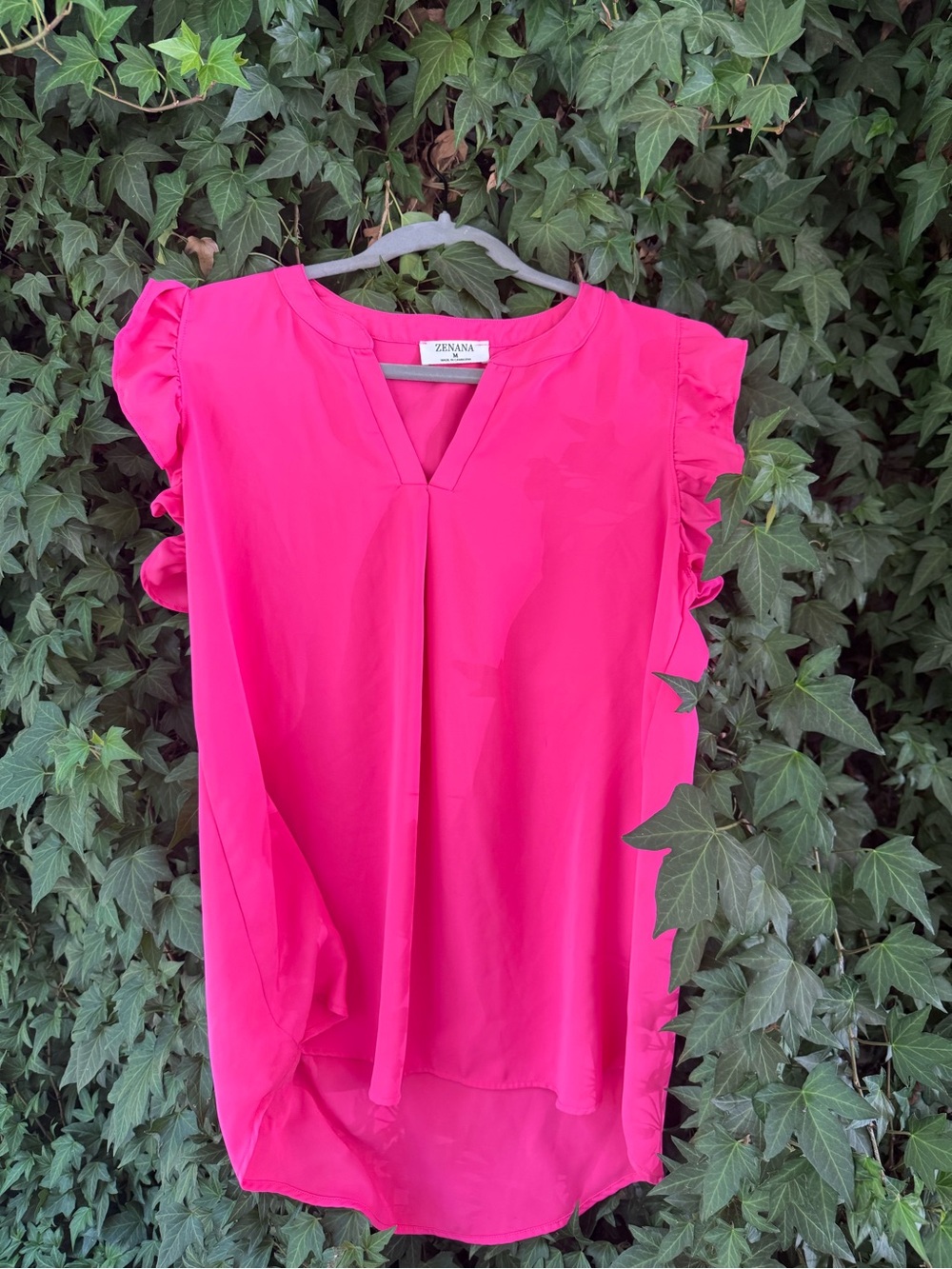 Zenana Outfitters Bright Pink Ruffle Sleeve V-Neck Blouse